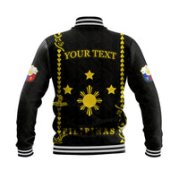 Black unisex baseball jacket back with yellow star sun motifs and 'YOUR TEXT' print