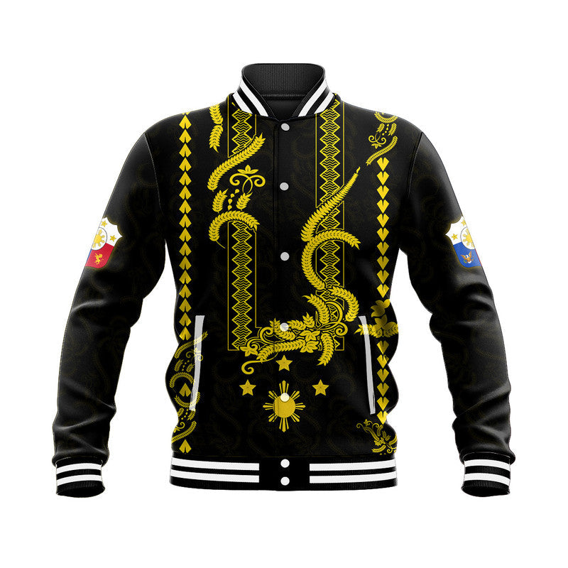Black baseball jacket with yellow barong-style chest panel, button front, striped cuffs
