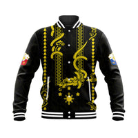 Black baseball jacket with yellow barong-style chest panel, button front, striped cuffs
