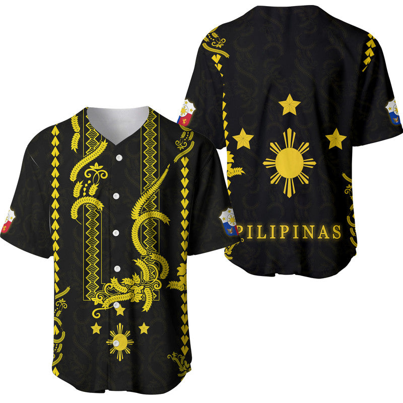 Black baseball jersey with barong-style patterns, gold trim, stars and sun, button front