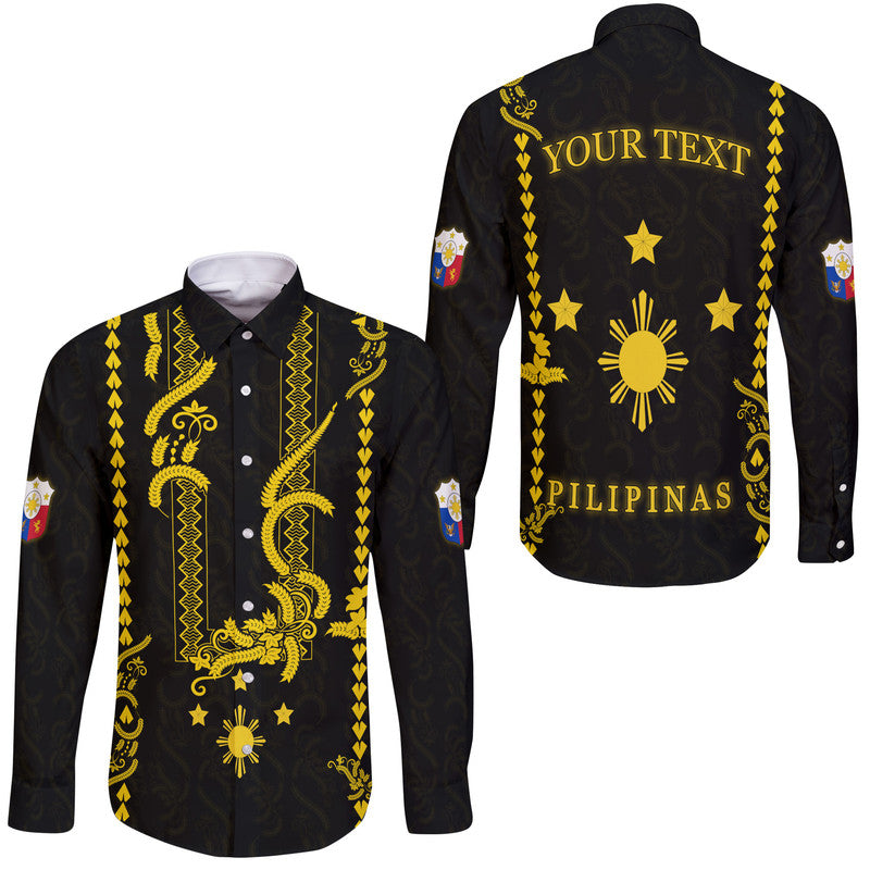 Black long-sleeve button shirt with yellow barong-style patterns and sun motifs