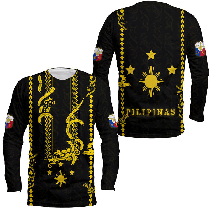 Black long-sleeve shirt with Barong-style gold patterns, stars, sunburst, and 'PILIPINAS' print.