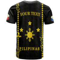 Black T-shirt back with custom text, gold stars, sun and vertical trim