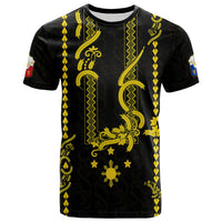 Black T-shirt with yellow barong-style front pattern and ornate crest