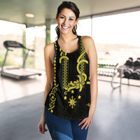 Black women's racerback tank with yellow-gold barong design, stars, and sun motif