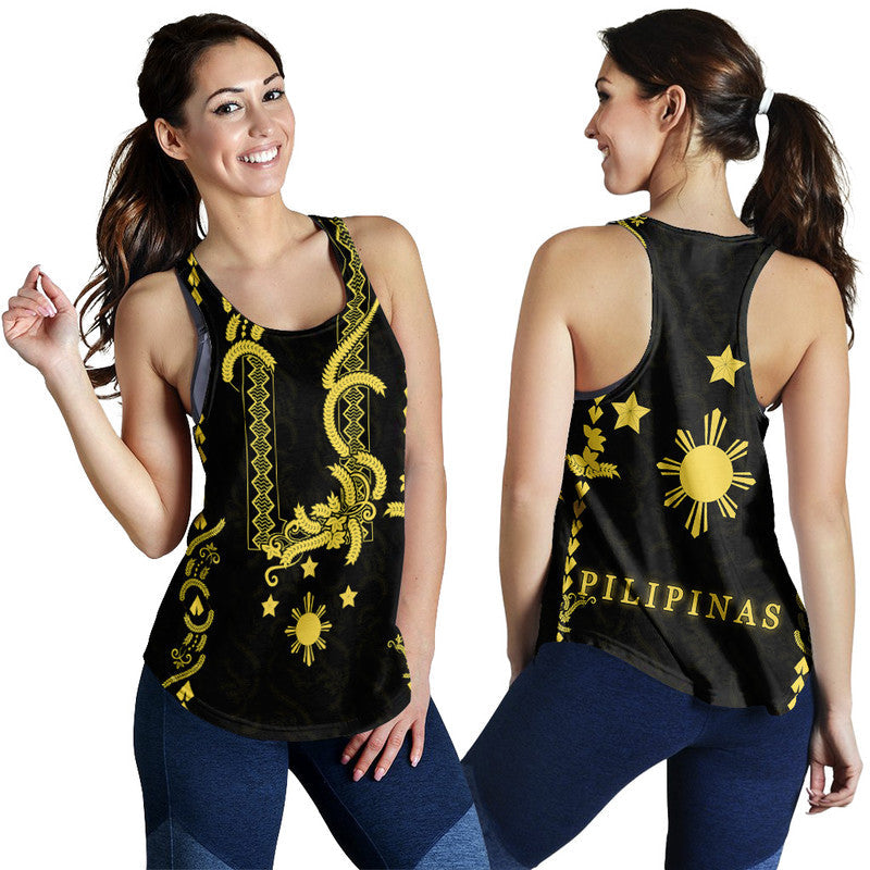 Black women's racerback tank with yellow-gold barong print, star and sun motifs, PILIPINAS text