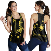 Black women's racerback tank with yellow-gold barong print, star and sun motifs, PILIPINAS text