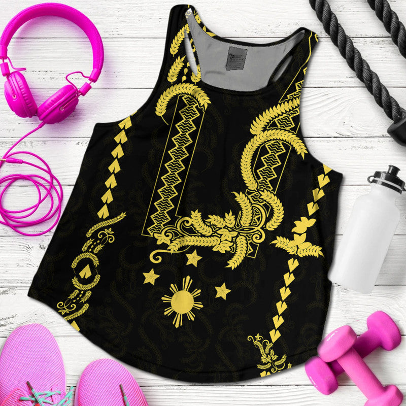 Black women's racerback tank with yellow-gold barong pattern, stars, and sun graphic