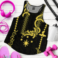 Black women's racerback tank with yellow-gold barong pattern, stars, and sun graphic