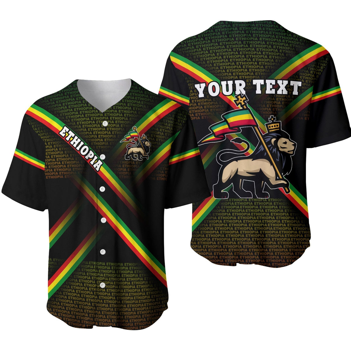 Black baseball jersey with multicolor diagonal stripes, custom text and lion graphic