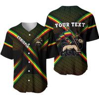 Black baseball jersey with multicolor diagonal stripes, custom text and lion graphic