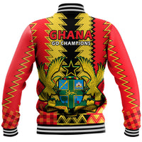 Baseball jacket in red and yellow with black striped collar and large crest on back