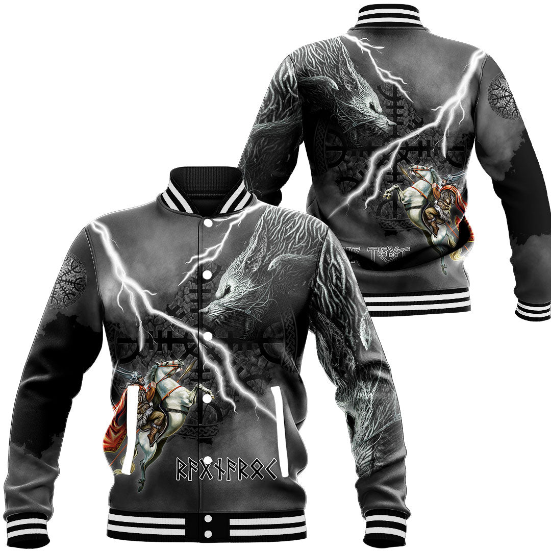 (Custom) Wonder Print Shop - Ragnarok Baseball Jacket Odin fight Fenrir on thunder background RLT12 - Wonder Print Shop