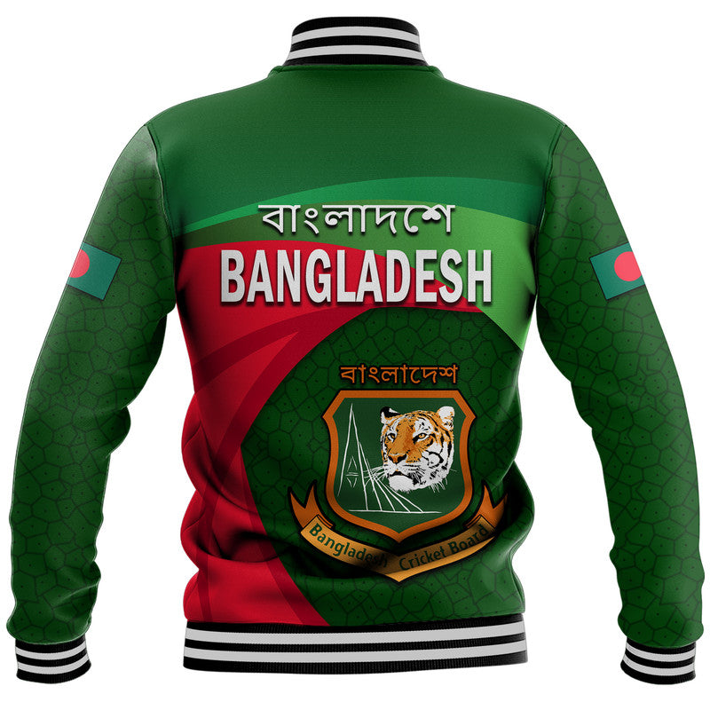 Back of green and red cricket team varsity jacket with Bangladesh text and tiger crest patch