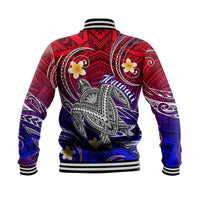 Back view gradient varsity jacket with turtle and plumeria, striped hem and ribbed collar