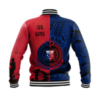 Unisex red/blue baseball jacket, large back emblem, Polynesian pattern, striped rib trim