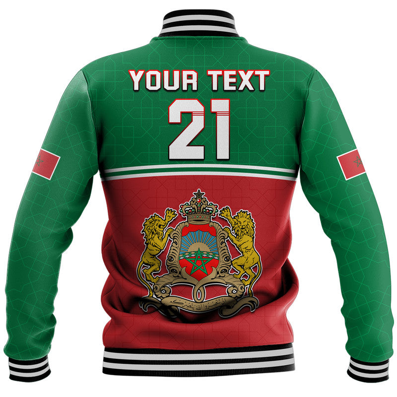 Green and red baseball jacket back with "YOUR TEXT 21" print, striped collar and cuffs