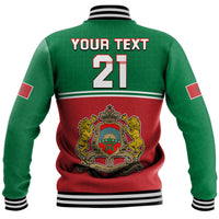 Green and red baseball jacket back with "YOUR TEXT 21" print, striped collar and cuffs
