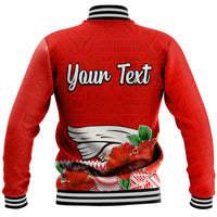 Red baseball jacket with black-and-white striped hem, Your Text graphic and tropical flowers back