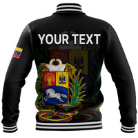 Black baseball jacket with striped waistband and back coat-of-arms graphic plus YOUR TEXT area