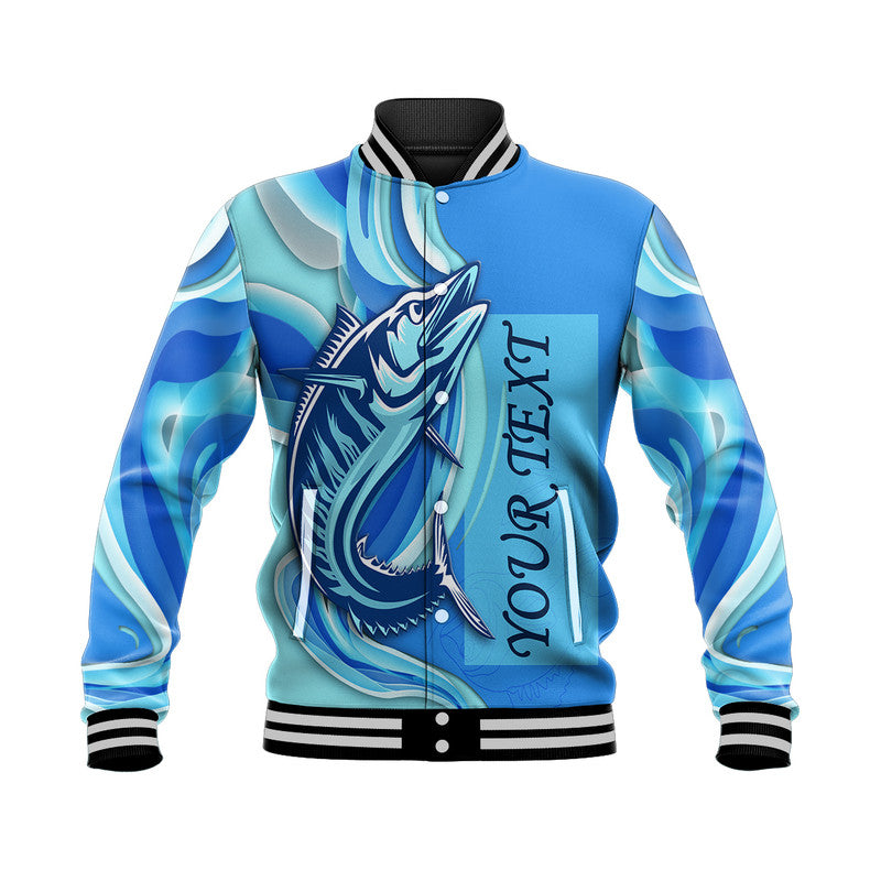 Blue baseball jacket with fish graphic and vertical fishing quote text