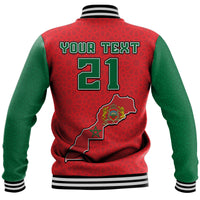 Personalized baseball jacket back with 'YOUR TEXT 21', red body, green sleeves, striped ribbing
