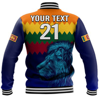 Blue baseball jacket back with lion graphic, Your text 21, striped ribbed hem and cuffs