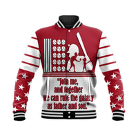 Red unisex baseball jacket, front graphic of dad and son, varsity collar
