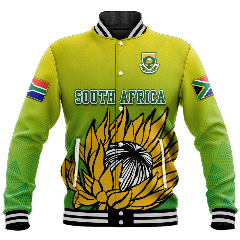 Yellow South Africa baseball jacket, front crest, bold 'SOUTH AFRICA' print and animal graphic