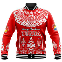 Red baseball jacket with Merry Christmas TONGA print, striped rib hem and cuffs