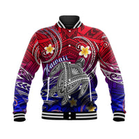 Gradient varsity baseball jacket with turtle and plumeria prints, striped collar and cuffs