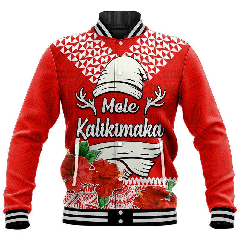 Red baseball jacket with hibiscus floral front graphic and black striped ribbed trim