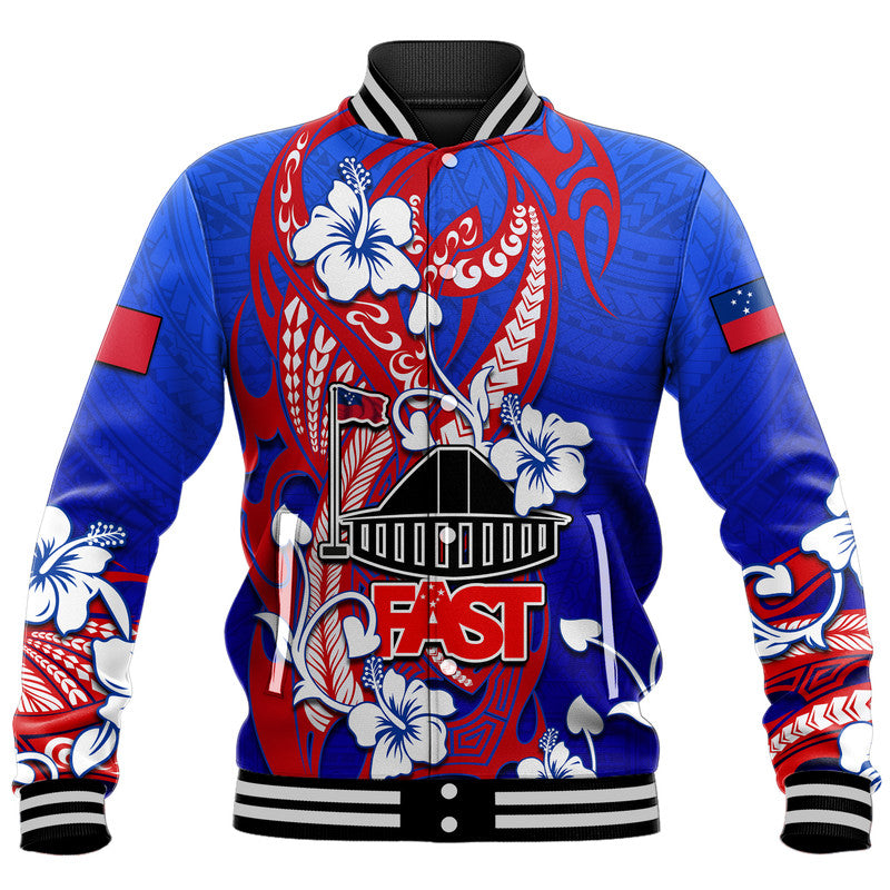 Blue varsity baseball jacket with red tribal hibiscus graphic and ribbed striped collar