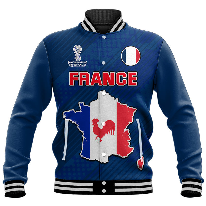 Blue baseball jacket with France flag map patch and red 'FRANCE' lettering, striped rib hem