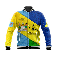 Yellow-and-blue Polynesian day baseball jacket with button front and striped collar