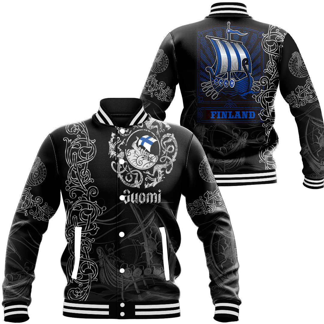 Black baseball jacket with blue drakkar and FINLAND back print, striped cuffs and hem