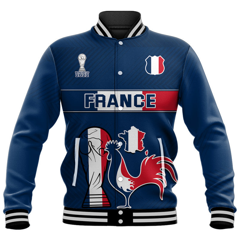 Blue varsity baseball jacket with snap front, striped cuffs, France graphic