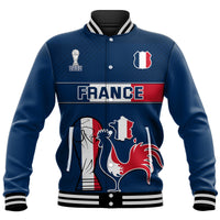 Blue varsity baseball jacket with snap front, striped cuffs, France graphic