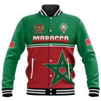 Green and red baseball jacket with Morocco crest, geometric pattern, ribbed collar