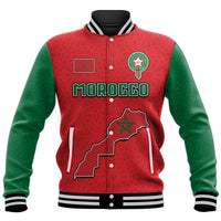Baseball jacket with red front, green sleeves, black ribbed collar and cuffs, Moroccan map graphic
