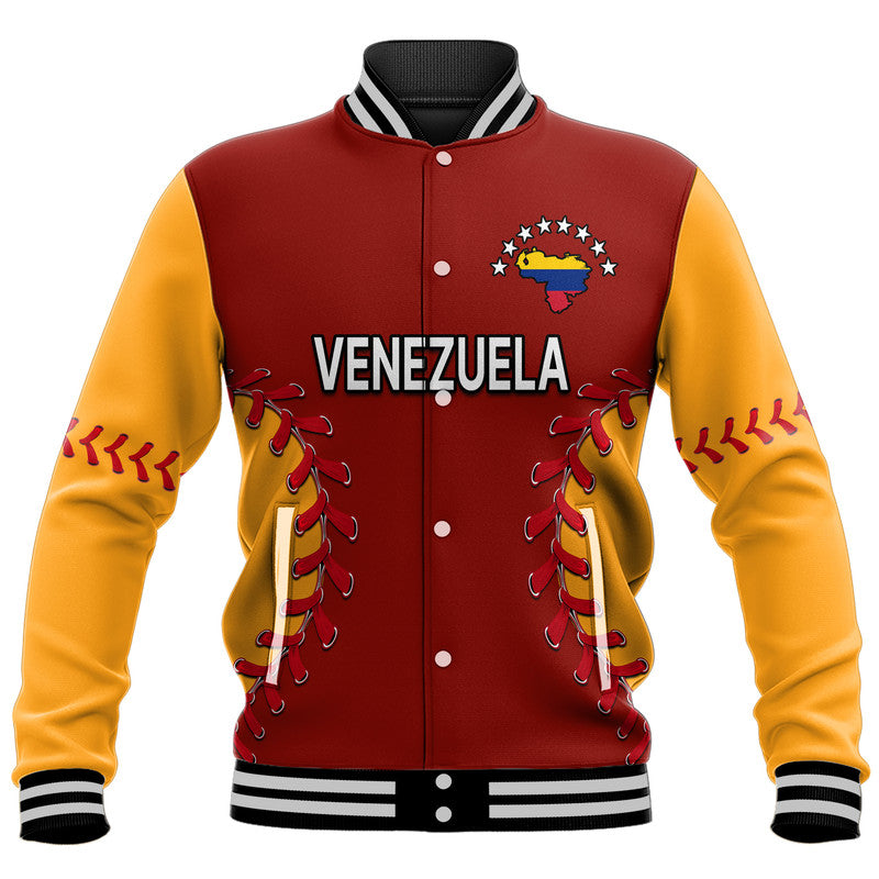 Maroon and yellow baseball jacket, striped collar and cuffs, front Venezuela emblem