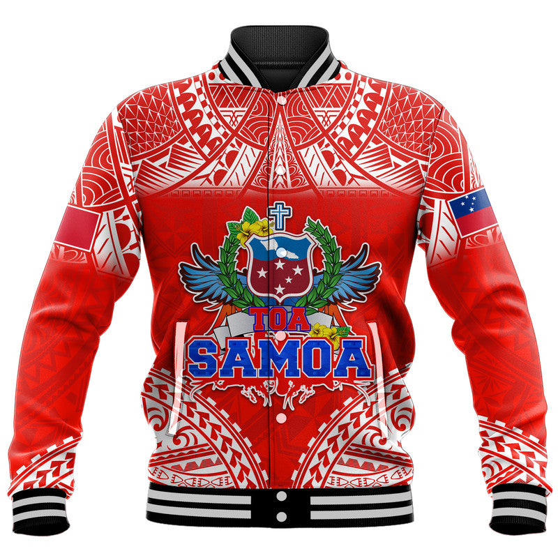Red Polynesian baseball jacket with black collar, white geometric sleeves, Samoa crest front