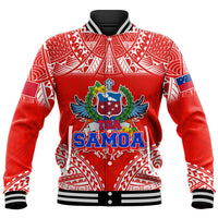 Red Polynesian baseball jacket with black collar, white geometric sleeves, Samoa crest front
