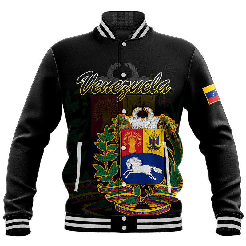 Black baseball jacket with striped collar/cuffs and front coat-of-arms graphic