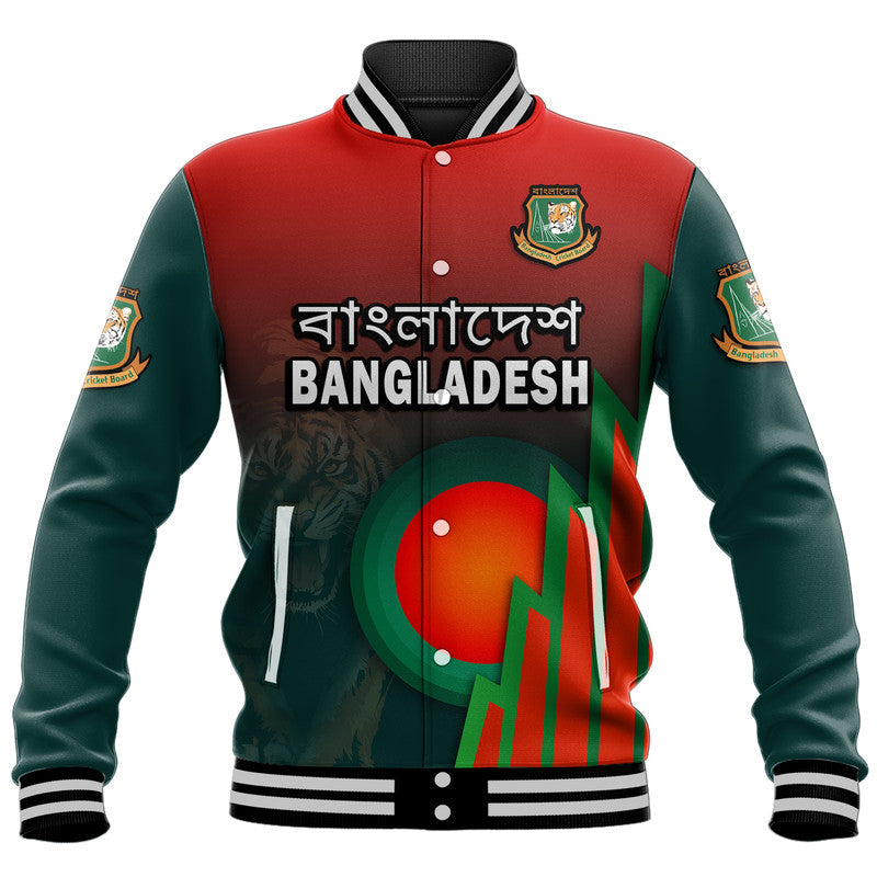 Unisex varsity baseball jacket with red front, green sleeves, striped rib collar and cuffs