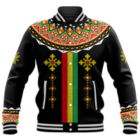 Black baseball jacket with multicolor geometric cross front and ribbed striped cuffs