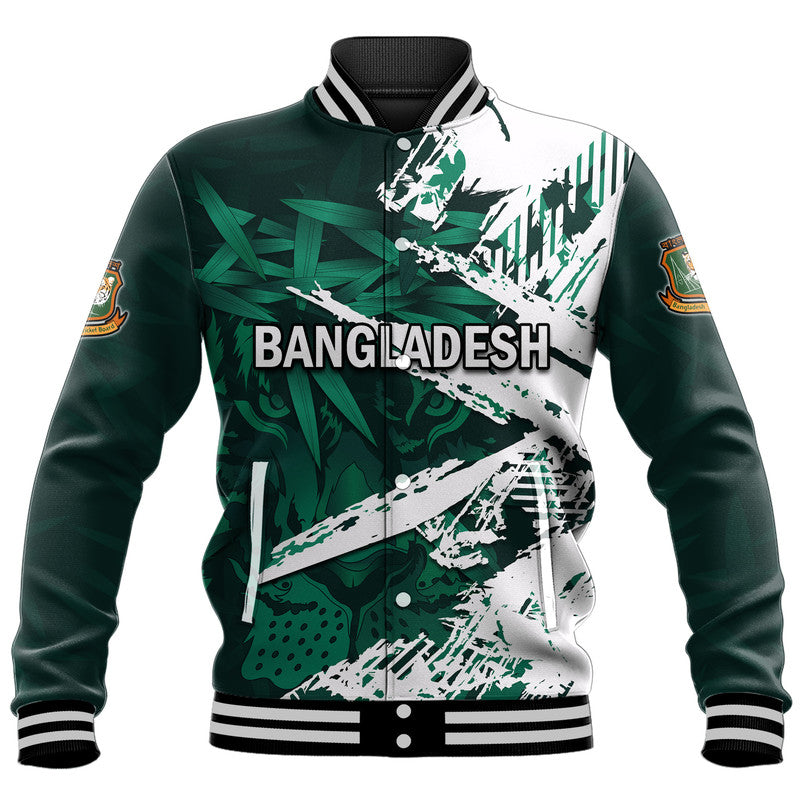 Green and white zip-up baseball jacket with ribbed stand collar and front graphic patch