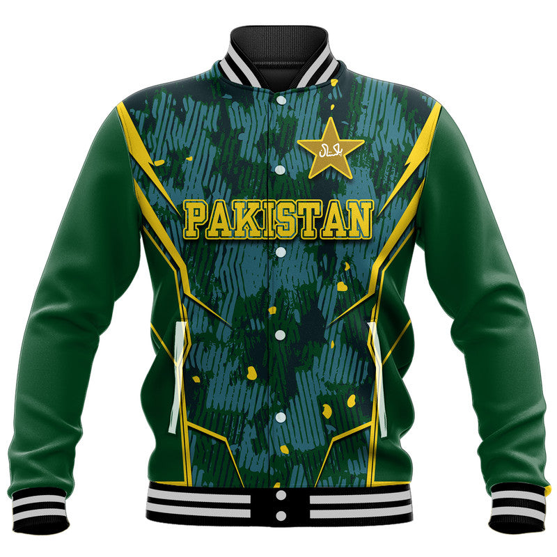Green baseball jacket with striped ribbed collar, yellow piping, Pakistan text and star badge