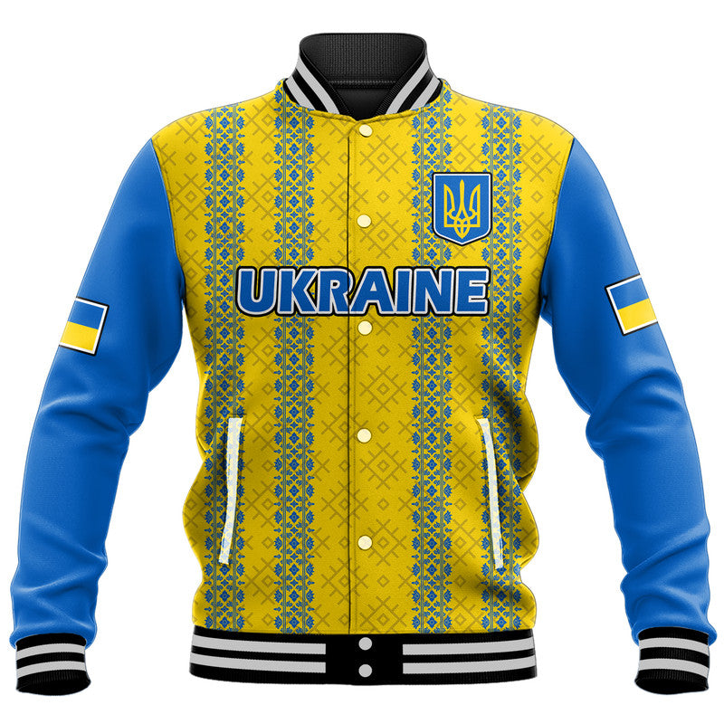 Unisex baseball jacket in yellow and blue with ribbed striped collar, snap front