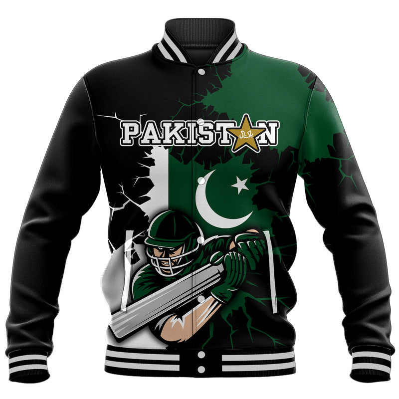 Green and black varsity baseball jacket with Pakistan crest and cricketer graphic